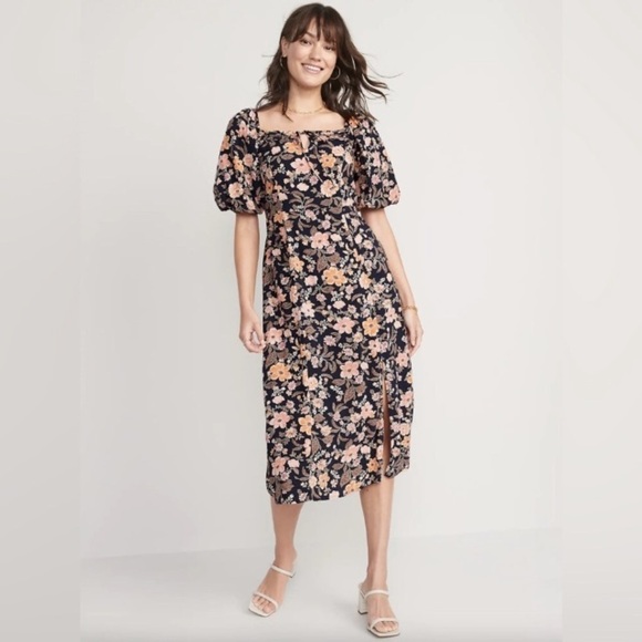 NWT! Puff-Sleeve Floral-Print Pintucked Smocked Midi Swing Dress - Medium Tall - Picture 1 of 3